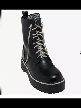 AZALEA WANG Black Rhinestone Lace-Up Platform Combat Boot